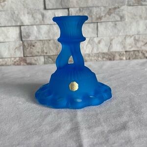 Vintage Westmoreland Blue Satin Glass Doric Lace Edge candle holder